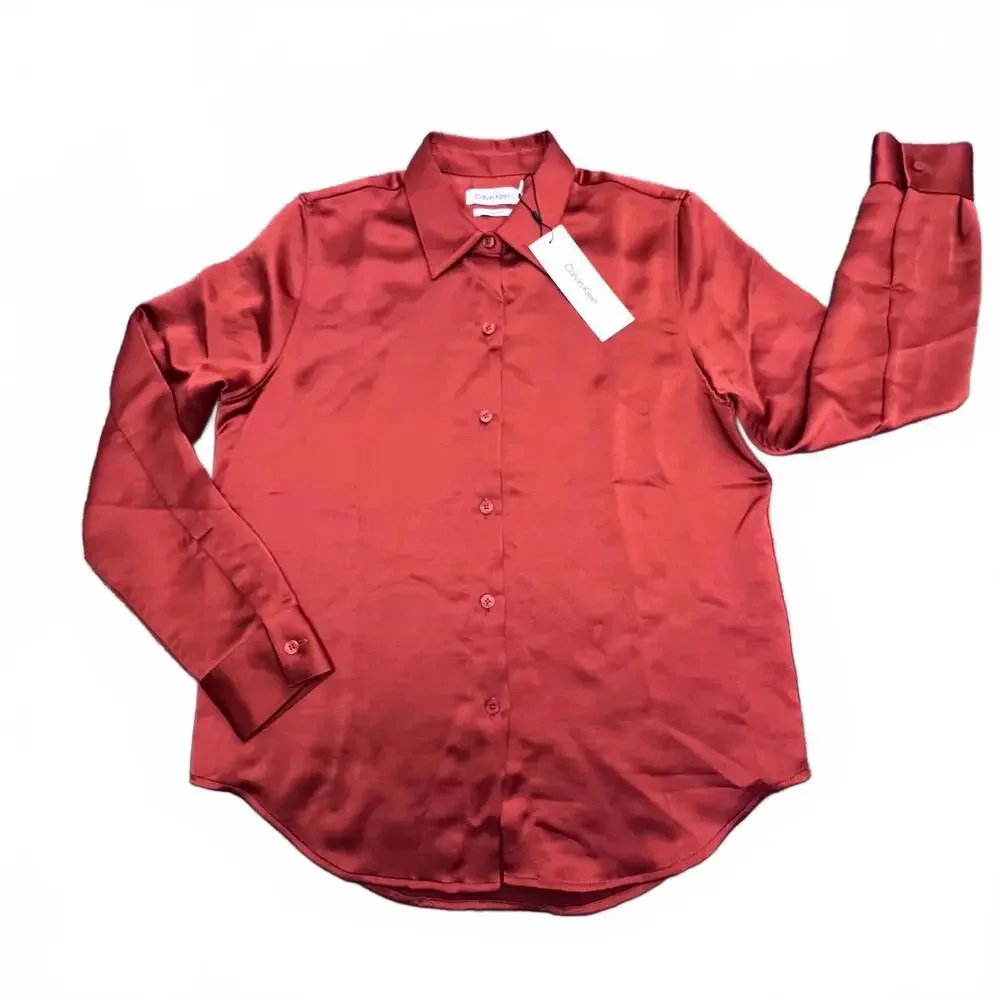 Calvin Klein Button Down Blouse Womens Small Orange Classic Fit Work Office NWT - Picture 2 of 9